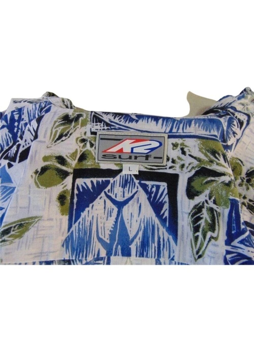 Vintage K2 Surf Mens Hawaiian Shirt L Blue White Marlin Fish Block Print Cotton - Picture 7 of 10